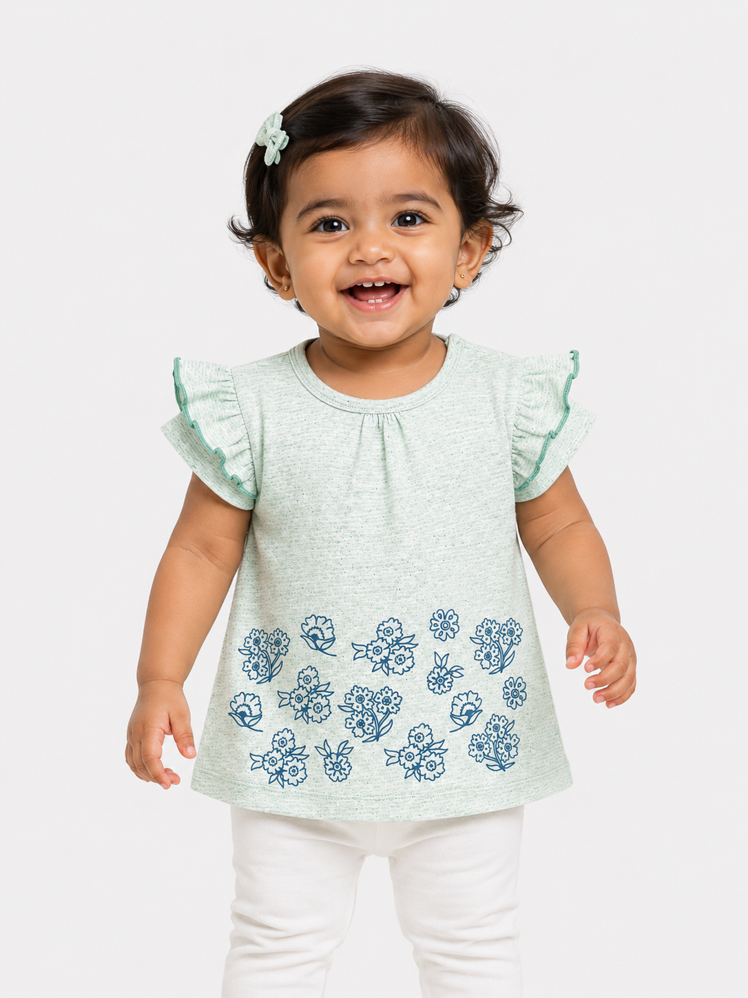 Girls Mint Flutter Sleeve Tunic Soft Cotton Kids Fashion Wear BloomUp