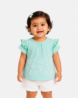Girls Mint Flutter Sleeve Top Soft Cotton Kids Fashion Wear BloomUp