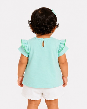 Girls Mint Flutter Sleeve Top Soft Cotton Kids Fashion Wear BloomUp
