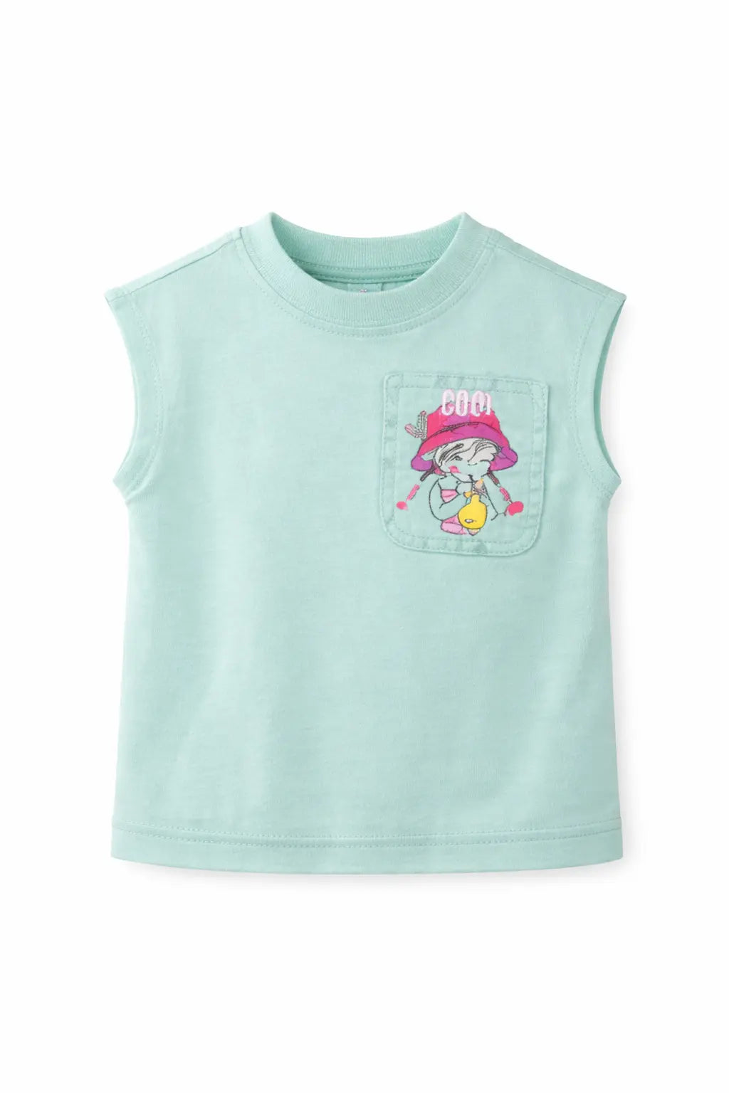 Mint Green Sleeveless Kids Top with Pocket Graphic – Soft Cotton Summer Wear for Girls BloomUp