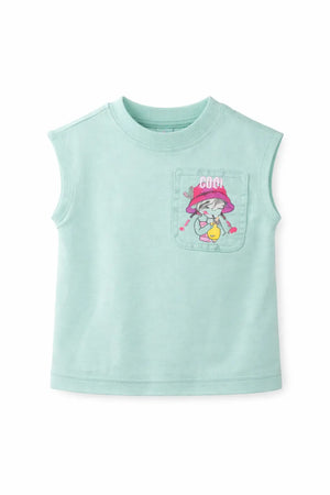 Mint Green Sleeveless Kids Top with Pocket Graphic – Soft Cotton Summer Wear for Girls BloomUp