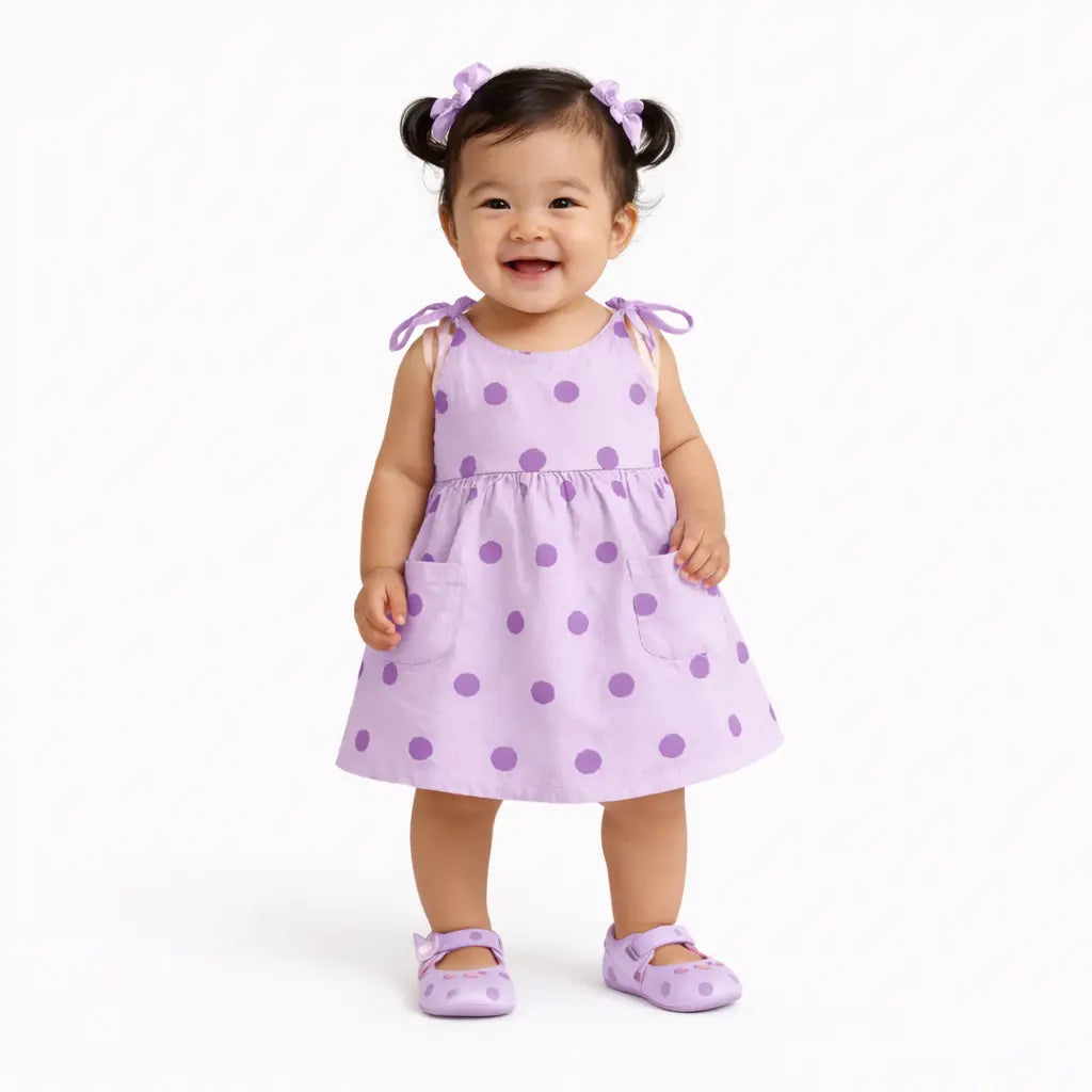 Lavender Polka Dot Tie-Up Strap Kids Dress – Soft Cotton Summer Wear for Girls BloomUp