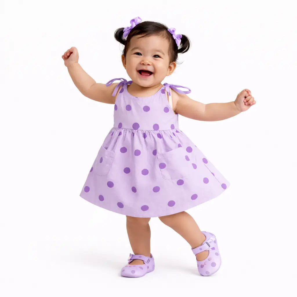 Lavender Polka Dot Tie-Up Strap Kids Dress – Soft Cotton Summer Wear for Girls BloomUp