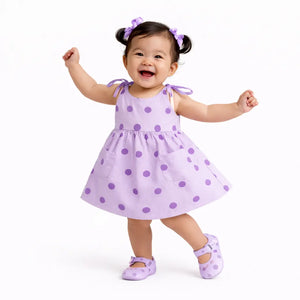Lavender Polka Dot Tie-Up Strap Kids Dress – Soft Cotton Summer Wear for Girls BloomUp