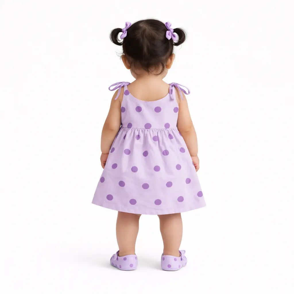 Lavender Polka Dot Tie-Up Strap Kids Dress – Soft Cotton Summer Wear for Girls BloomUp