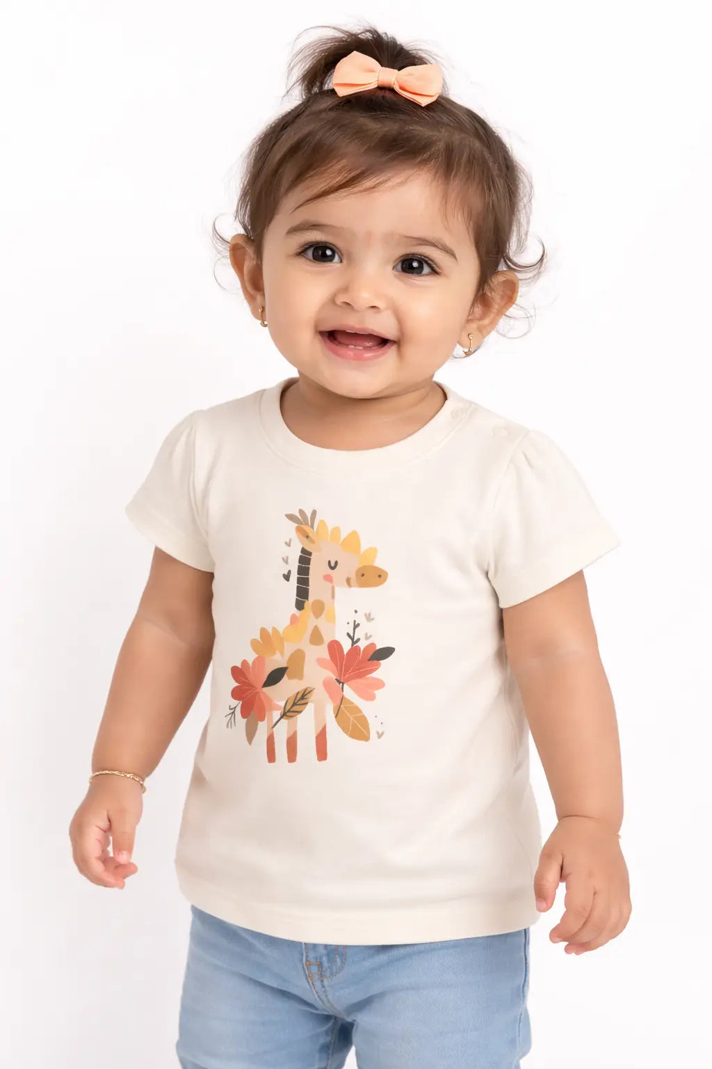 Off-White Giraffe Floral Graphic Kids Top – Soft Cotton Cute Summer Wear for Girls BloomUp