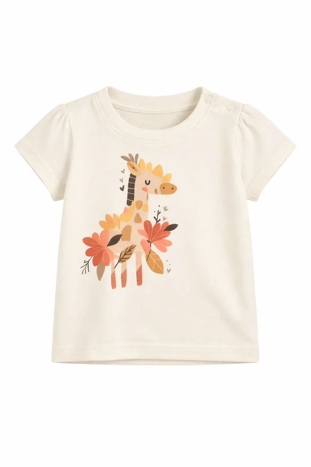 Off-White Giraffe Floral Graphic Kids Top – Soft Cotton Cute Summer Wear for Girls BloomUp