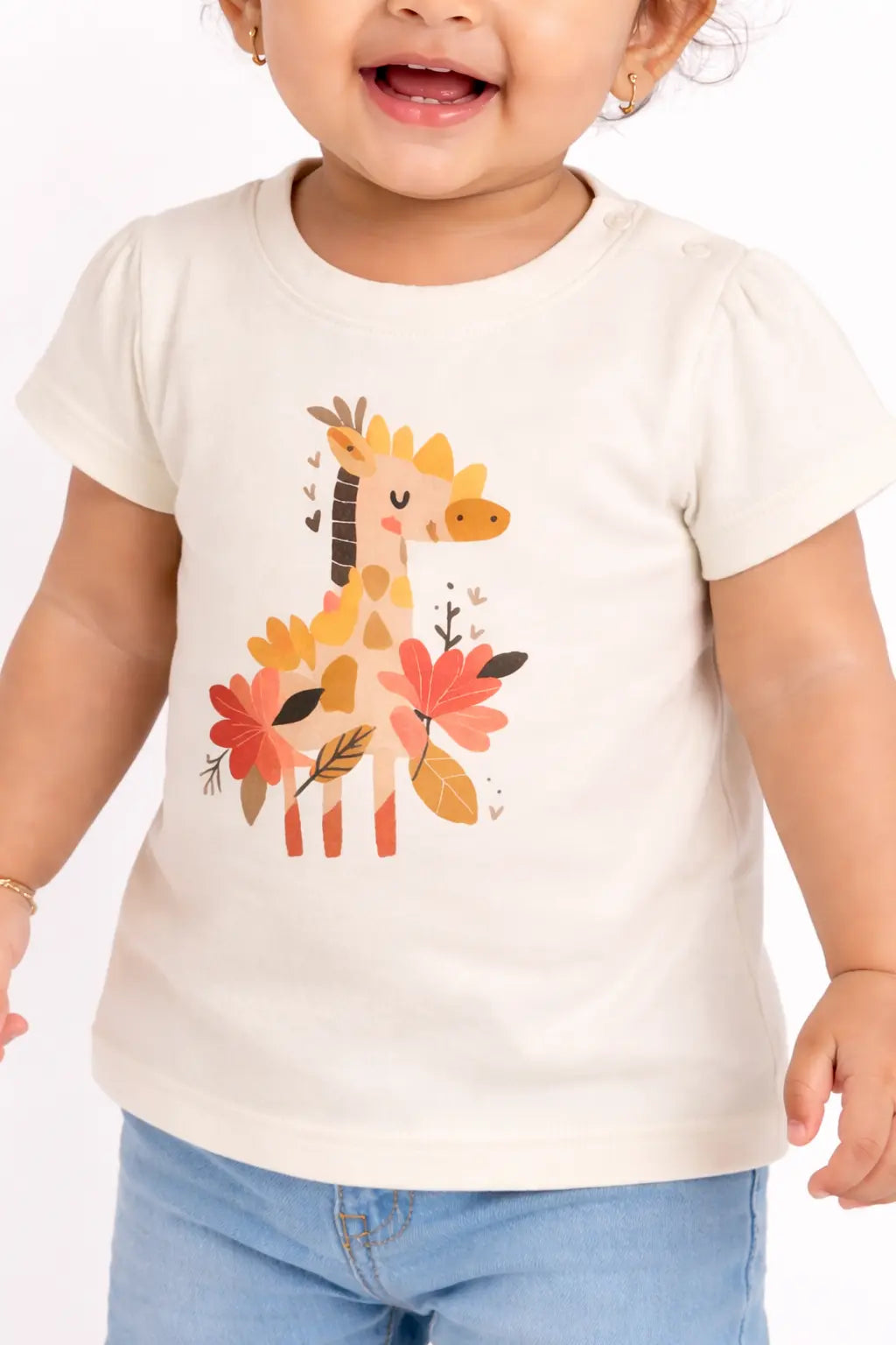 Off-White Giraffe Floral Graphic Kids Top – Soft Cotton Cute Summer Wear for Girls BloomUp