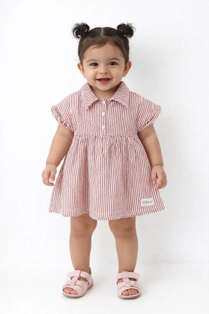 Red Striped Collared Kids Dress – Soft Cotton Summer Wear for Girls BloomUp