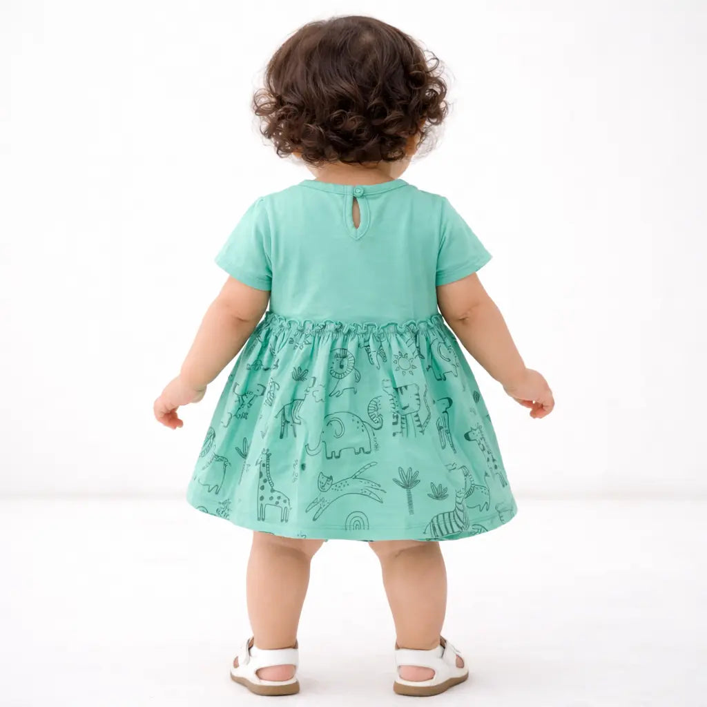 Mint Green Animal Print Kids Dress – Soft Cotton Summer Wear for Girls BloomUp