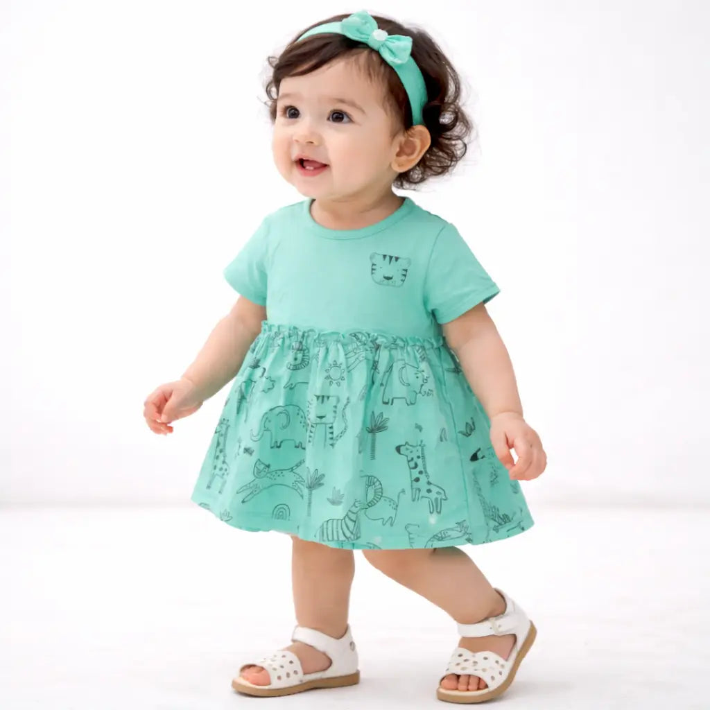 Mint Green Animal Print Kids Dress – Soft Cotton Summer Wear for Girls BloomUp