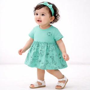 Mint Green Animal Print Kids Dress – Soft Cotton Summer Wear for Girls BloomUp