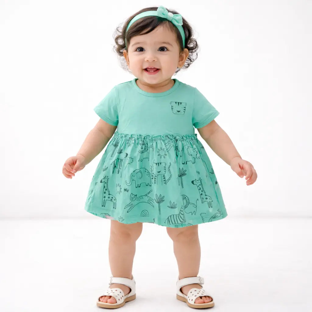 Mint Green Animal Print Kids Dress – Soft Cotton Summer Wear for Girls BloomUp