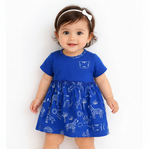 Royal Blue Animal Print Cotton Dress – Soft & Comfortable Summer Wear for Baby Girls BloomUp