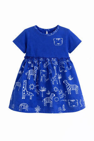 Royal Blue Animal Print Cotton Dress – Soft & Comfortable Summer Wear for Baby Girls BloomUp