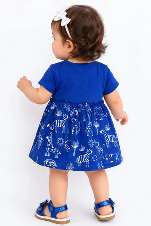 Royal Blue Animal Print Cotton Dress – Soft & Comfortable Summer Wear for Baby Girls BloomUp