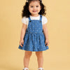 Blue Heart Print Denim Pinafore Dress with White Puff Sleeve T-Shirt for Girls – Soft Cotton Casual Outfit