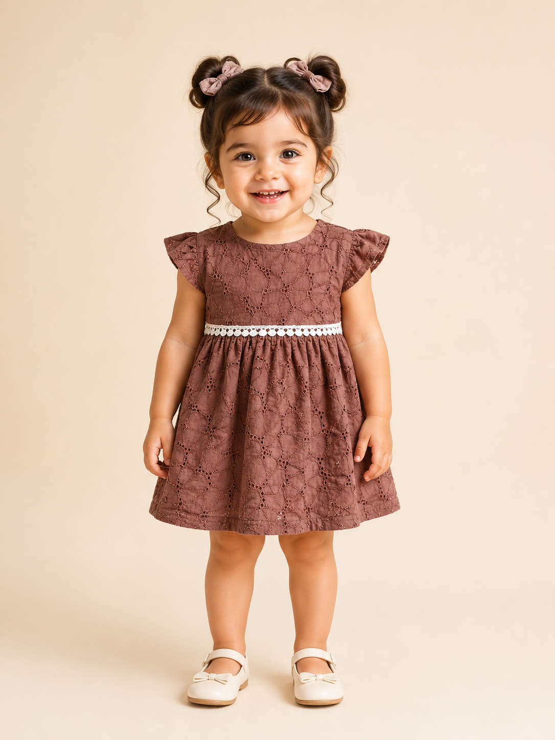 Girls Brown Flutter Sleeve Printed Soft Cotton Kids Fashion Wear BloomUp