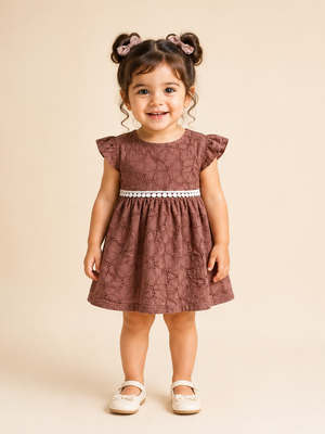 Girls Brown Flutter Sleeve Printed Soft Cotton Kids Fashion Wear BloomUp