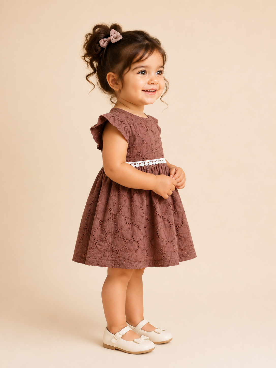 Girls Brown Flutter Sleeve Printed Soft Cotton Kids Fashion Wear BloomUp