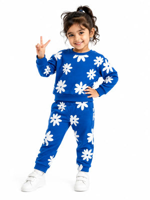 BloomUp Royal Blue Floral Print Co-ord Set for Baby Girls – Soft Sweatshirt & Jogger Pants Set