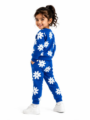 BloomUp Royal Blue Floral Print Co-ord Set for Baby Girls – Soft Sweatshirt & Jogger Pants Set