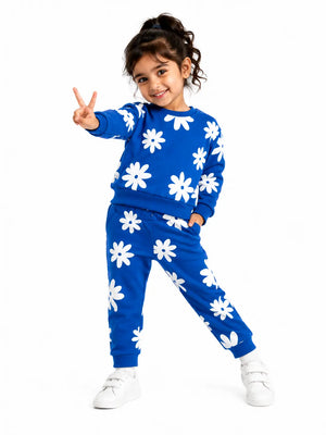 BloomUp Royal Blue Floral Print Co-ord Set for Baby Girls – Soft Sweatshirt & Jogger Pants Set