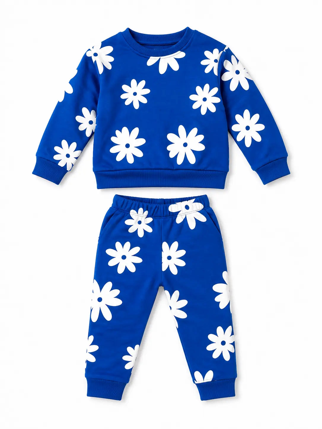 BloomUp Royal Blue Floral Print Co-ord Set for Baby Girls – Soft Sweatshirt & Jogger Pants Set