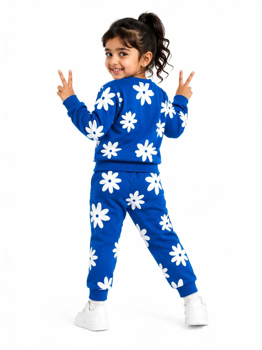 BloomUp Royal Blue Floral Print Co-ord Set for Baby Girls – Soft Sweatshirt & Jogger Pants Set