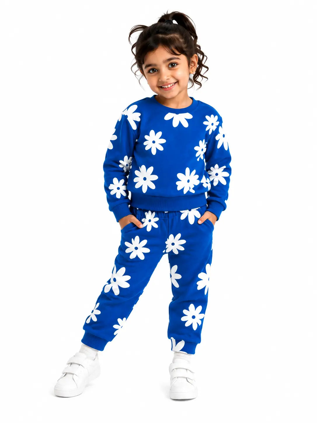 BloomUp Royal Blue Floral Print Co-ord Set for Baby Girls – Soft Sweatshirt & Jogger Pants Set