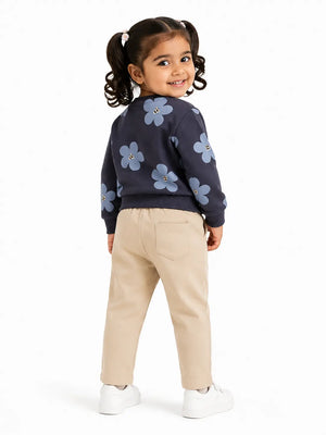 BloomUp Navy Blue Floral Happy Print Co-ord Set for Baby Girls – Soft Sweatshirt & Beige Pants Kids Outfit