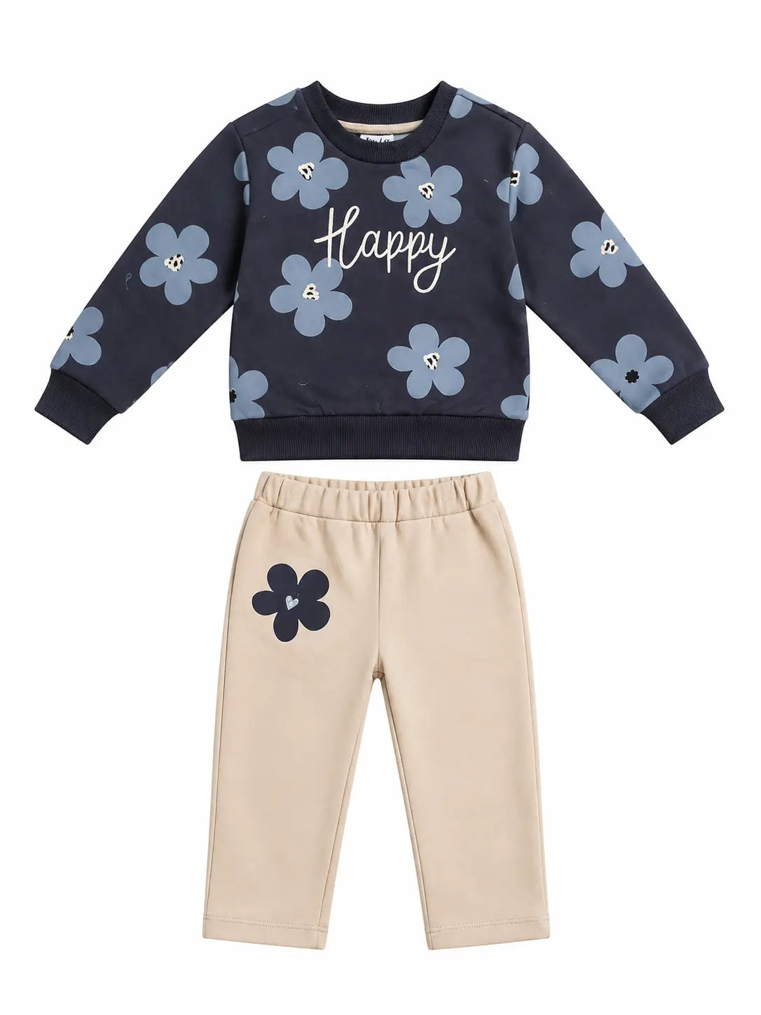 BloomUp Navy Blue Floral Happy Print Co-ord Set for Baby Girls – Soft Sweatshirt & Beige Pants Kids Outfit