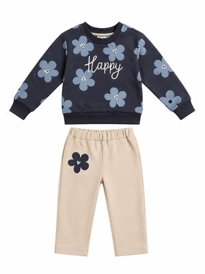 BloomUp Navy Blue Floral Happy Print Co-ord Set for Baby Girls – Soft Sweatshirt & Beige Pants Kids Outfit