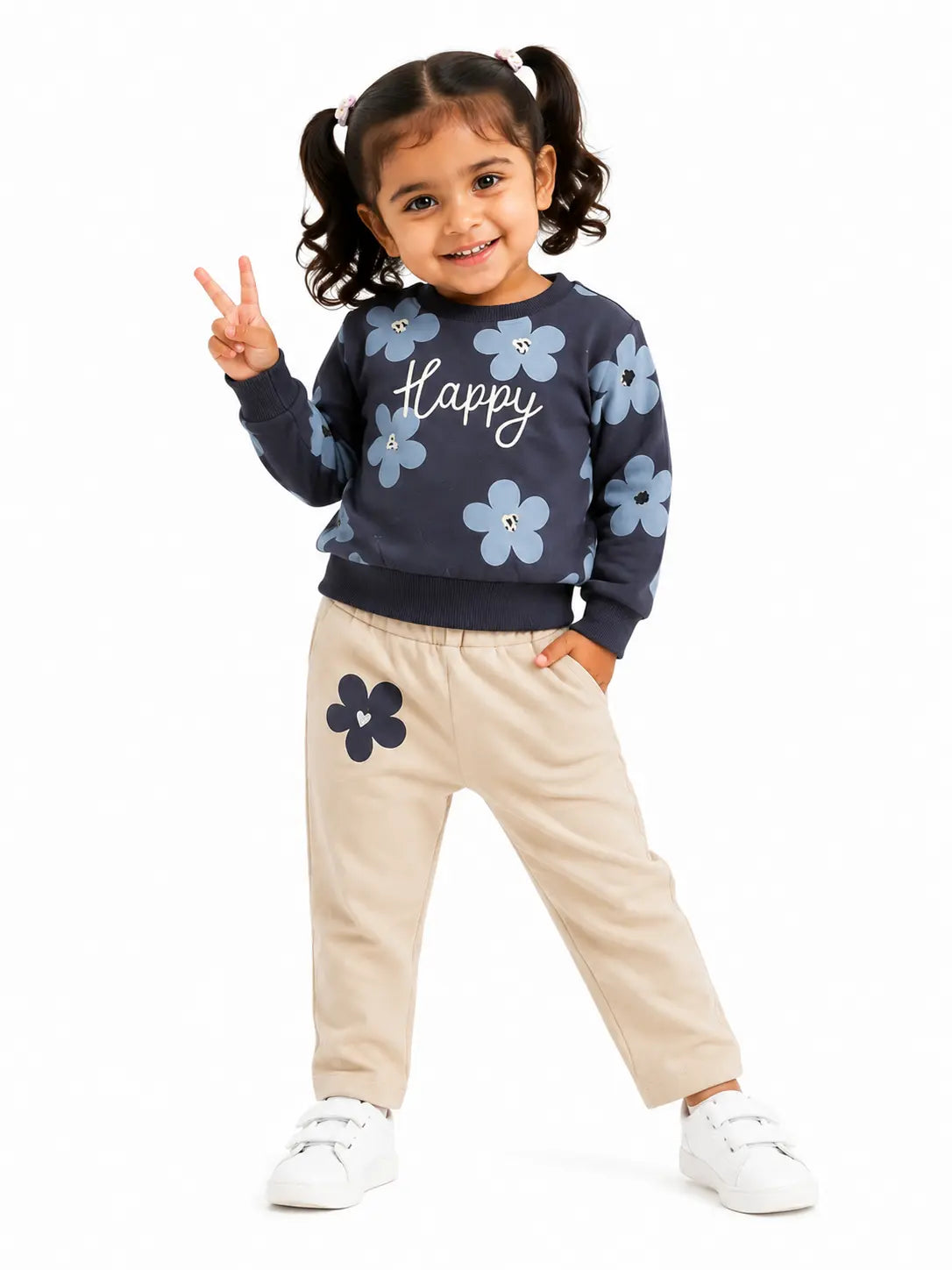 BloomUp Navy Blue Floral Happy Print Co-ord Set for Baby Girls – Soft Sweatshirt & Beige Pants Kids Outfit