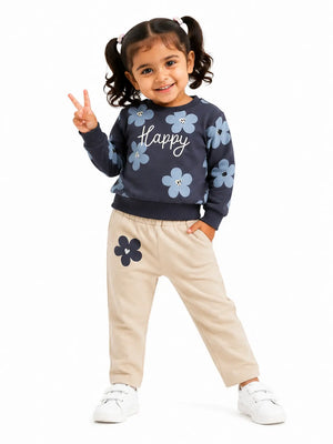 BloomUp Navy Blue Floral Happy Print Co-ord Set for Baby Girls – Soft Sweatshirt & Beige Pants Kids Outfit