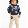 Navy Blue Floral Happy Print Co-ord Set for Baby Girls – Soft Sweatshirt & Beige Pants Kids Outfit