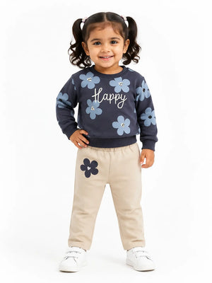 BloomUp Navy Blue Floral Happy Print Co-ord Set for Baby Girls – Soft Sweatshirt & Beige Pants Kids Outfit