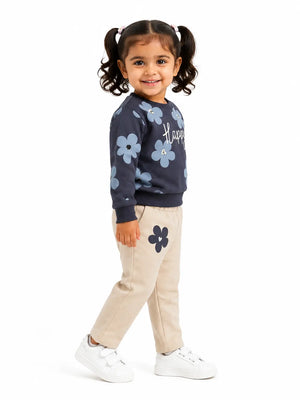 BloomUp Navy Blue Floral Happy Print Co-ord Set for Baby Girls – Soft Sweatshirt & Beige Pants Kids Outfit