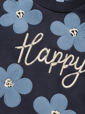 BloomUp Navy Blue Floral Happy Print Co-ord Set for Baby Girls – Soft Sweatshirt & Beige Pants Kids Outfit