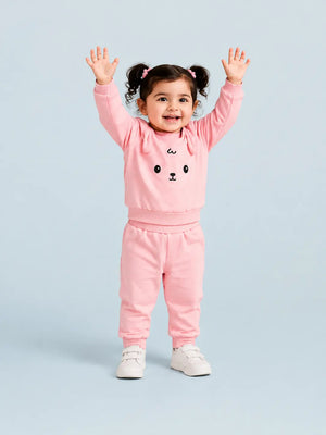 BloomUp Pink Bunny Face Co-ord Set for Baby Girls – Soft Sweatshirt & Jogger Pants Set