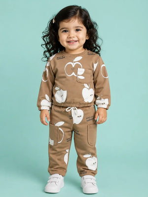 BloomUp Camel Brown Apple Print Co-ord Set for Baby girls– Soft Sweatshirt & Jogger Pants Kids Outfit