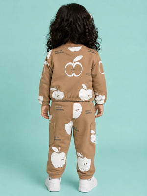 BloomUp Camel Brown Apple Print Co-ord Set for Baby girls– Soft Sweatshirt & Jogger Pants Kids Outfit