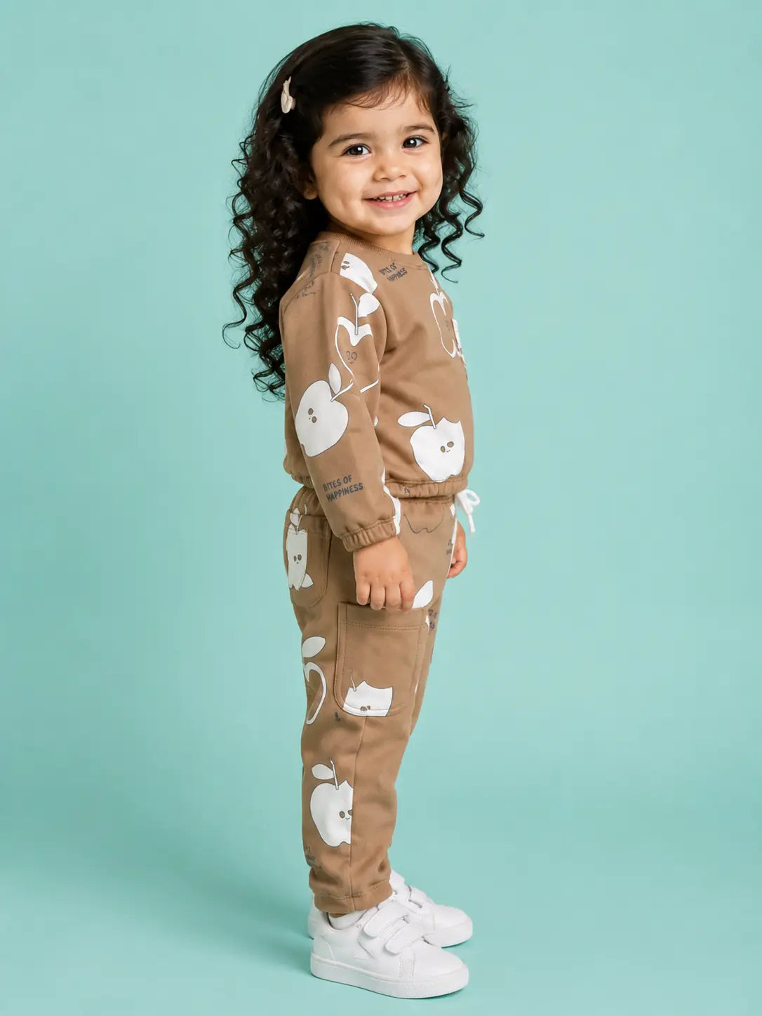 BloomUp Camel Brown Apple Print Co-ord Set for Baby girls– Soft Sweatshirt & Jogger Pants Kids Outfit