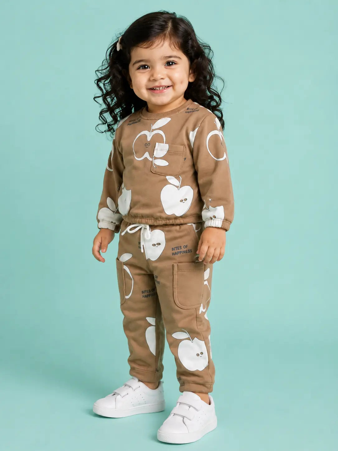 BloomUp Camel Brown Apple Print Co-ord Set for Baby girls– Soft Sweatshirt & Jogger Pants Kids Outfit