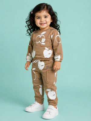 BloomUp Camel Brown Apple Print Co-ord Set for Baby girls– Soft Sweatshirt & Jogger Pants Kids Outfit