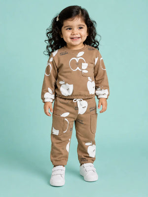 BloomUp Camel Brown Apple Print Co-ord Set for Baby girls– Soft Sweatshirt & Jogger Pants Kids Outfit