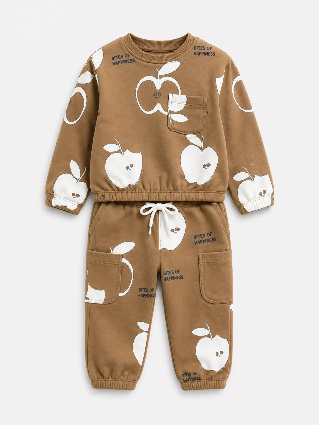 BloomUp Camel Brown Apple Print Co-ord Set for Baby girls– Soft Sweatshirt & Jogger Pants Kids Outfit