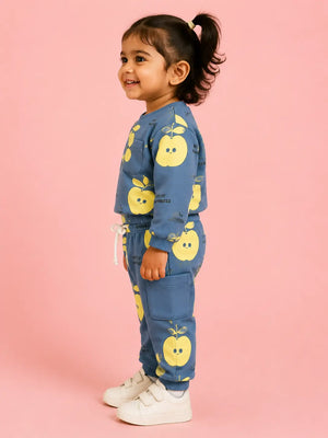 BloomUp Dusty Blue Apple Print Co-ord Set for Baby Boys – Soft Full Sleeve Sweatshirt & Shorts Kids Outfit