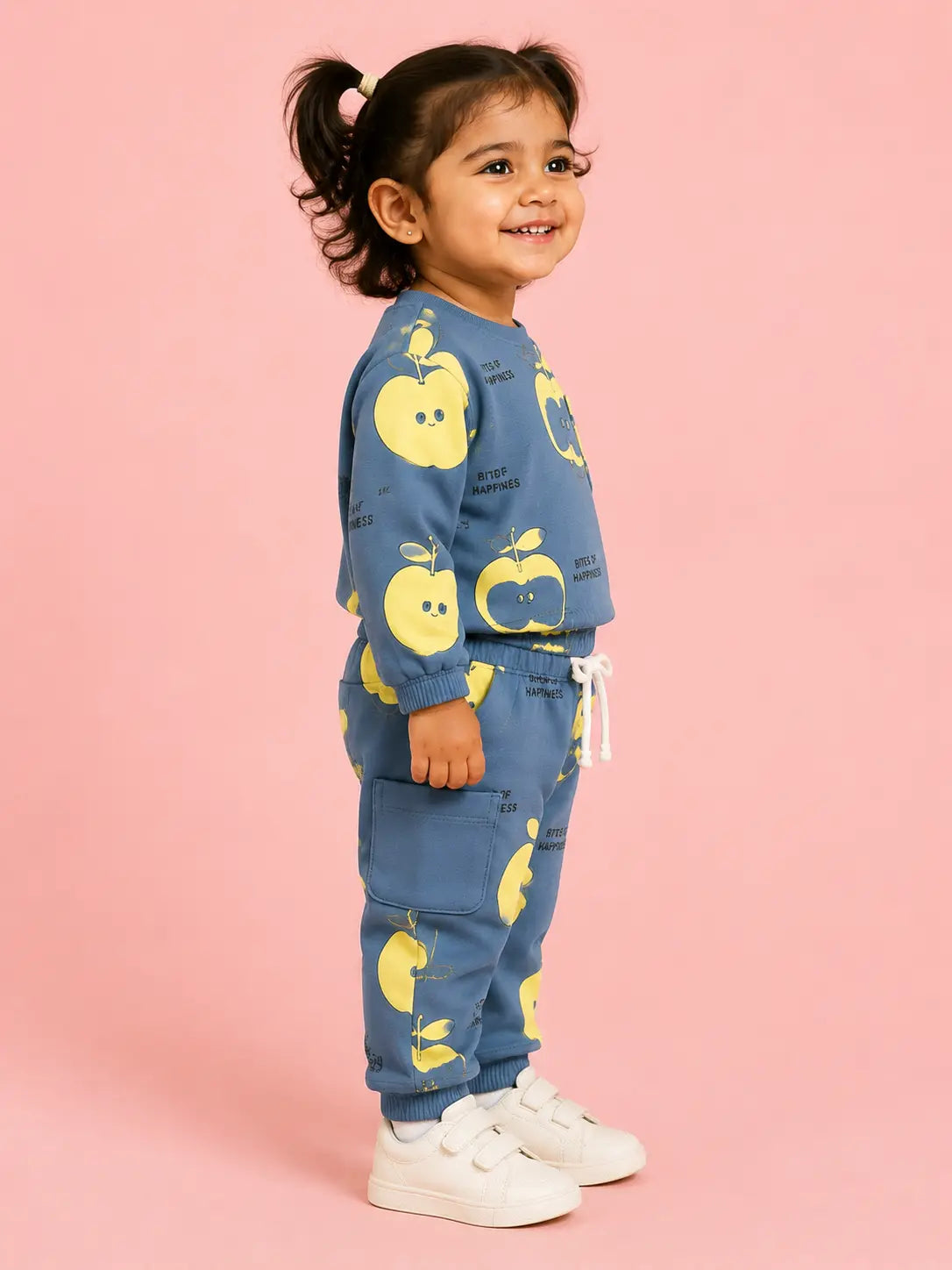 BloomUp Dusty Blue Apple Print Co-ord Set for Baby Boys – Soft Full Sleeve Sweatshirt & Shorts Kids Outfit