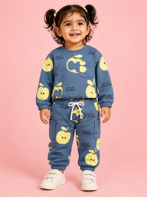 BloomUp Dusty Blue Apple Print Co-ord Set for Baby Boys – Soft Full Sleeve Sweatshirt & Shorts Kids Outfit